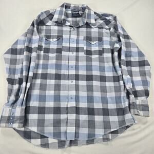 Vintage Wrangler Cowboy Cut‎ Long Sleeve Pearl Snap Blue Shirt Men's Size 17 1/2